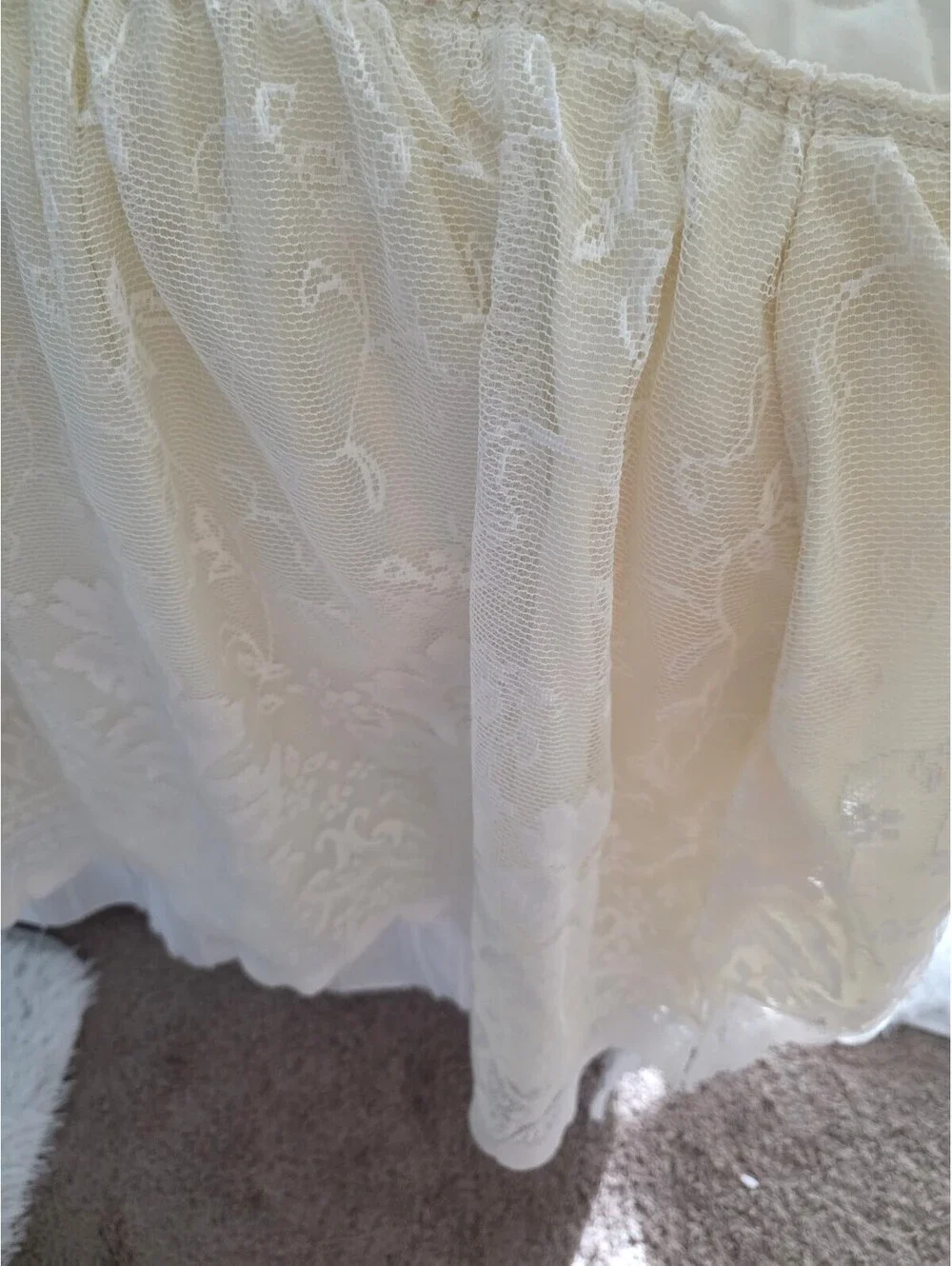Elegant Vintage Ivory Lace and Quilted Bedspread with Ruffled Edges